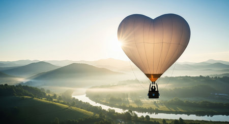 Romantic heart shaped hot air balloon with couple flying over scenic mountain valley at sunrise, a breathtaking and memorable journey.の素材