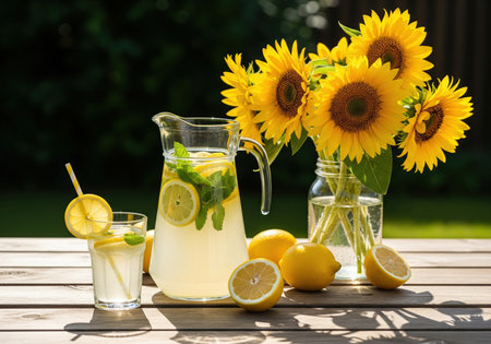 Fresh homemade lemonade with mint and a bouquet of sunflowers on a garden table in summer sun, a perfect refreshing outdoor drink.の素材