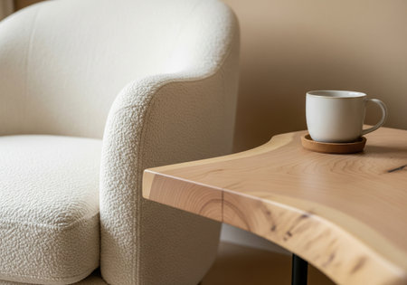 Modern interior with a cozy white boucle armchair and a live edge wooden coffee side table. A calm and relaxing minimalist living room.の素材