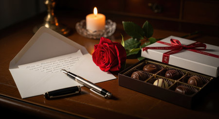 Romantic still life with a love letter red rose a box of chocolates and a candle. A classic valentines day or anniversary celebration concept.の素材