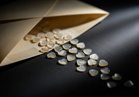 An open envelope spilling many delicate mother of pearl hearts, a romantic confession of love. A beautiful symbol for a valentine letter.の素材