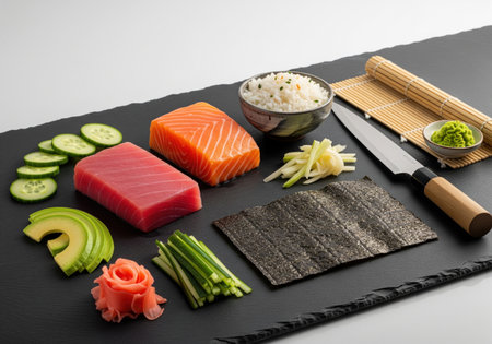 Sushi making ingredients with fresh salmon tuna rice and vegetables on a black slate background, a traditional Japanese food preparation.の素材