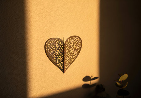 Decorative filigree heart on a wall with golden hour sunlight creating dramatic long shadows, a romantic and peaceful symbol of love.の素材
