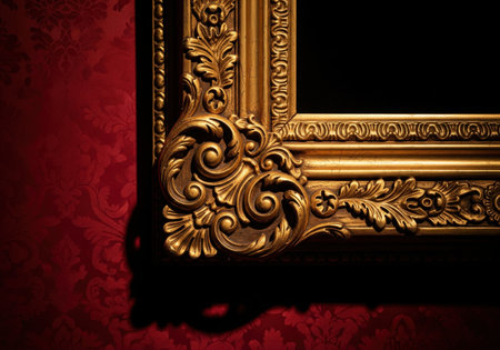 Close up of an ornate vintage gilded picture frame corner on a red damask wallpapered wall. A classic detail from a museum or gallery.の素材