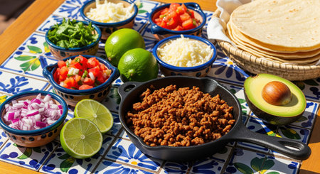 Mexican taco bar ingredients with ground beef salsa and tortillas on a colorful tiled table, a festive and delicious outdoor meal.の素材