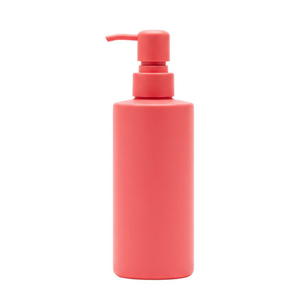 Blank pink cosmetic pump bottle for liquid soap or lotion product packaging design mockup. This clean plastic container is isolated.の素材
