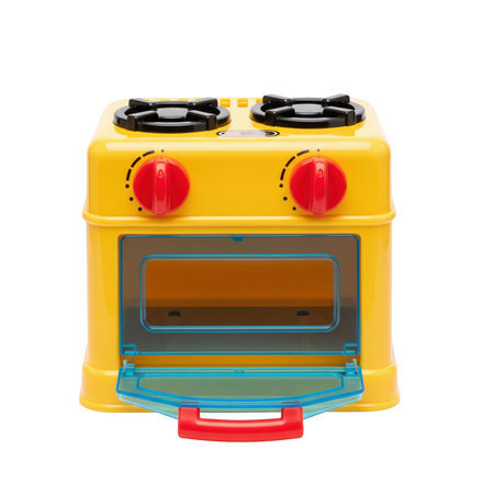 Yellow plastic children's toy stove with two burners and an open oven door for pretend play. This colorful playset is isolated.の素材