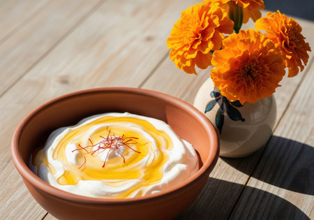 Healthy Greek yogurt with honey and saffron in a clay bowl on a rustic wooden table in the sun. A fresh and tasty Mediterranean breakfast.の素材