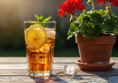 Refreshing glass of iced tea with lemon and mint on a rustic wooden table in a sunny garden, a perfect summer drink for a relaxing afternoon.の素材