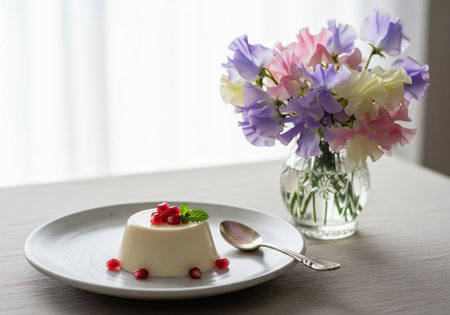 Elegant panna cotta dessert garnished with pomegranate seeds next to a bouquet of sweet peas. A light and fresh spring dessert scene.の素材