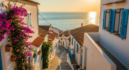 Picturesque narrow street in a charming mediterranean village with a sea view at sunset. A popular European summer travel destination.の素材