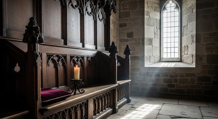 Ancient church interior with a gothic wooden pew, a candle and a sunbeam from an arched window. A historical and spiritual scene.の素材