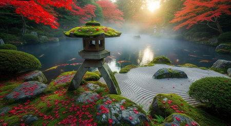 Serene japanese zen garden in autumn with a stone lantern koi pond and red maple leaves. A tranquil and beautiful landscape.の素材