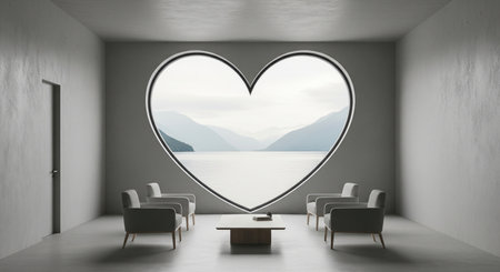Minimalist room interior with a large heart shaped window looking out on a mountain lake view. A surreal and romantic architectural concept.の素材