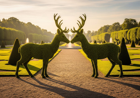 Symmetrical topiary deer sculptures in a formal French garden at sunset, showing the art of landscape design and horticulture.の素材
