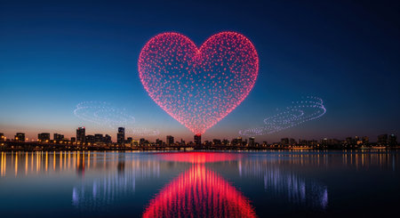 Stunning drone light show with a glowing red heart in the sky over a modern city at night. A beautiful celebration for Valentine's day.の素材