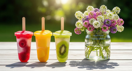 Homemade fruit popsicles in a row on a wooden table in a sunny garden with fresh flowers. A refreshing and healthy summer treat.の素材