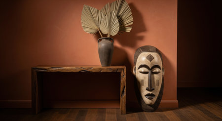 Ethnic interior design with a traditional African mask a vase of dried palm leaves and a rustic wooden table. A warm and authentic decor.の素材