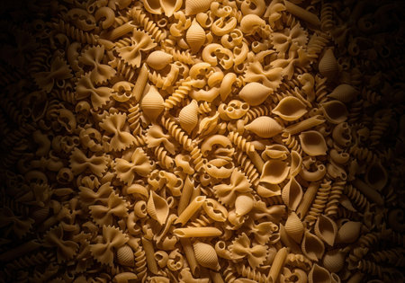 Assortment of various uncooked Italian pasta shapes creating a food background top view. A concept for cooking and Italian cuisine.の素材
