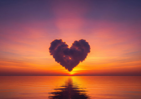 Beautiful romantic sunset over the ocean with a magical heart shaped cloud in the sky. A symbol of love and a dreamy travel background.の素材