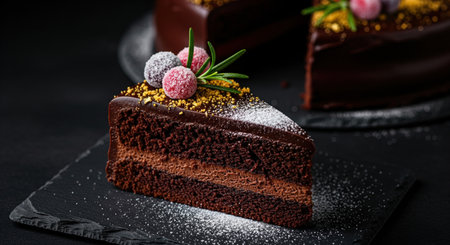 Slice of a delicious chocolate cake decorated with sugared cranberries for Christmas holiday. A festive and decadent homemade dessert.の素材