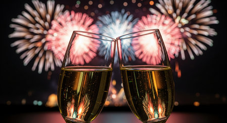 Two champagne glasses toasting with a background of colorful new year's eve fireworks. A festive scene for celebration and holidays.の素材
