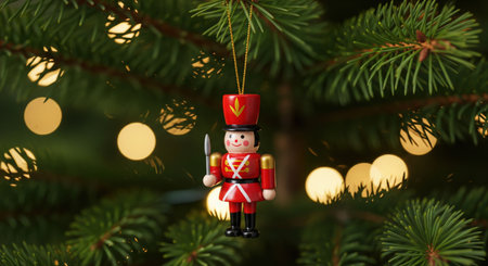 Christmas tree ornament of a wooden toy soldier nutcracker hanging on a festive fir branch. A traditional vintage holiday decoration.の素材