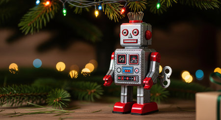 Vintage tin robot toy with wind up key standing under a Christmas tree on a wooden table. A nostalgic retro holiday gift concept.の素材