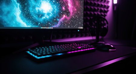 Gaming setup with rgb mechanical keyboard and monitor with space wallpaper in dark room. Streamer desk with purple neon lighting.の素材