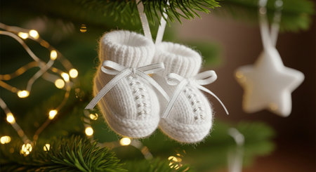 Small white knitted baby boots hanging on a green christmas tree branch with lights. A cute pregnancy announcement concept.の素材