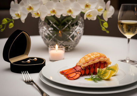 Luxury romantic dinner serving lobster tail and white wine with a pearl earrings gift box, an elegant celebration for valentine.の素材