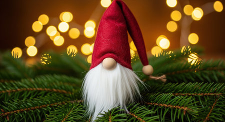 Traditional scandinavian christmas gnome with a red hat and white beard on pine branches. A festive holiday decoration with bokeh.の素材