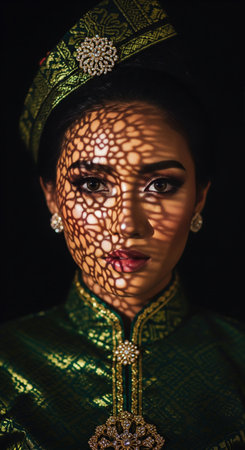 Portrait of a beautiful woman in traditional green songket dress with patterned shadow on face, a dramatic cultural fashion shot.の素材