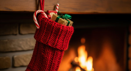 Red knitted christmas stocking with gifts and candy canes hanging on fireplace near fire. Cozy holiday home interior decoration.の素材