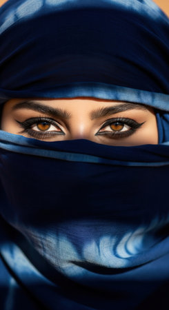 Close up portrait of a woman with beautiful eyes and black eyeliner in a blue headscarf. A mysterious look of an eastern beauty.の素材