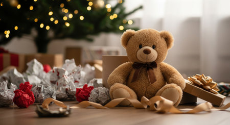 Cute teddy bear sitting among gift boxes and wrapping paper under a Christmas tree. A chaotic but happy holiday morning scene.の素材