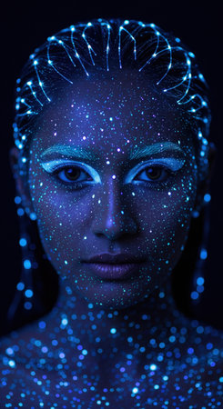 Futuristic woman portrait with glowing blue dots and fiber optic hair cables on dark background. Concept of cyber technology.の素材