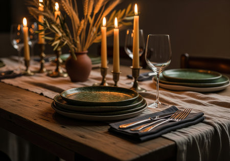 Rustic dinner table setting with green ceramic plates burning candles and wine glasses, creating a romantic and cozy atmosphere for dining.の素材