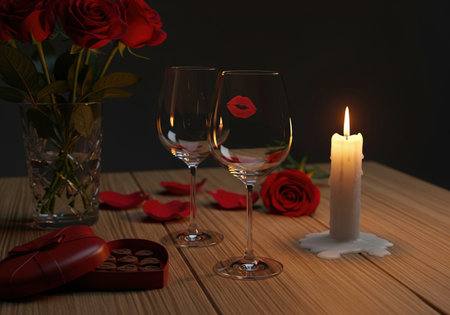 Two wine glasses with a lipstick kiss mark and red roses for romantic valentine dinner date. Intimate evening celebration scene.の素材