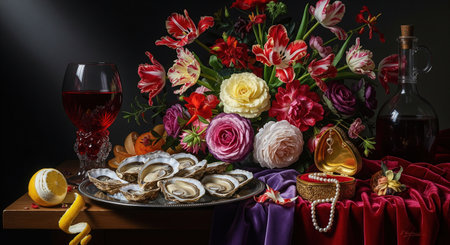 Classical baroque still life with fresh oysters red wine bouquet of flowers and pearl jewelry, a lavish romantic art scene.の素材