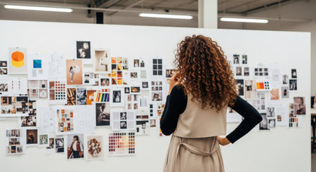 Back view of creative designer woman with curly hair looking at moodboard wall in office, analyzing inspiration for a new project.の素材