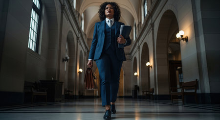 Confident female lawyer in blue suit walking through courthouse hallway with briefcase. Successful professional business concept.の素材