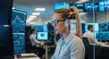 Female stock trader analyzing financial data on multiple screens in a modern busy office. Professional woman working with graphs.の素材