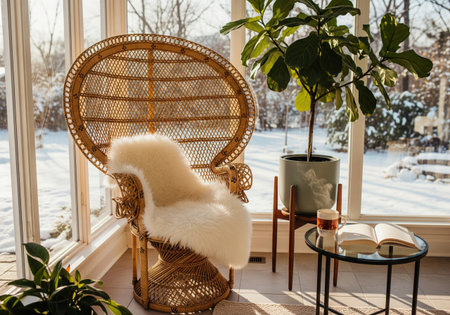 Cozy wicker chair with white fur rug and open book near big window with sunny winter view, having steaming cup of tea on table.の素材