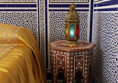 Decorative arabic lantern on inlaid wooden table near gold bed with geometric wall pattern, oriental interior design style.の素材