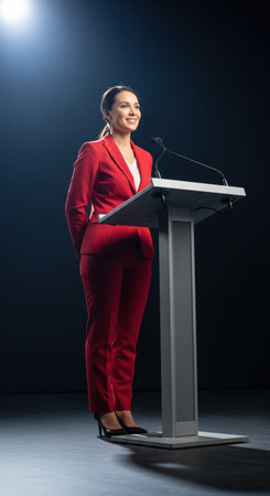 Smiling business woman in red suit standing at podium with microphone on stage during speech, presenting public conference event.の素材