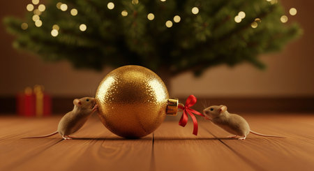 Two cute mice moving large golden christmas bauble on wooden floor under festive tree lights, preparing for holiday celebration.の素材