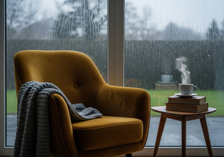 Cozy yellow armchair with blanket and hot coffee cup on books near window with rain drops, perfect for relaxing on rainy day.の素材