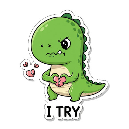 Angry green dinosaur cartoon sticker holding broken heart with text I try for sad valentine idea, funny reptile character design.の素材