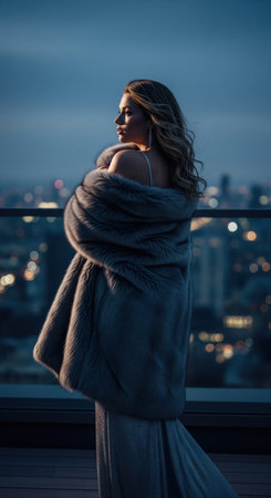 Beautiful woman in gray fur coat and silver dress standing on roof terrace at night city, luxury fashion style with bokeh light.の素材
